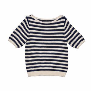 LOFT Navy White Striped Knit Sweater XL SS Open Knit Lightweight Cotton Blend
